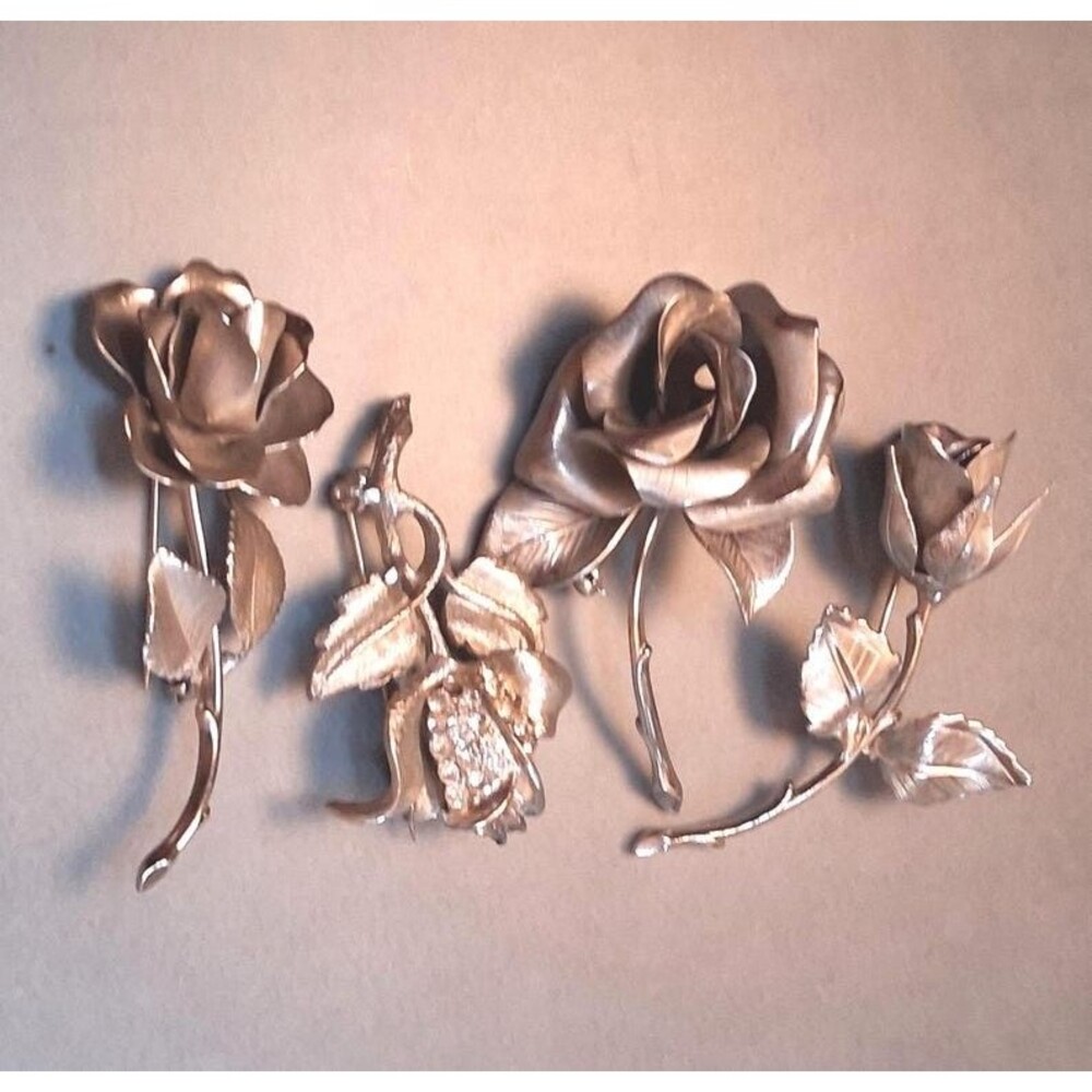 Vintage Brushed Silver Rose Brooches (4) Giovanni Rhinestones